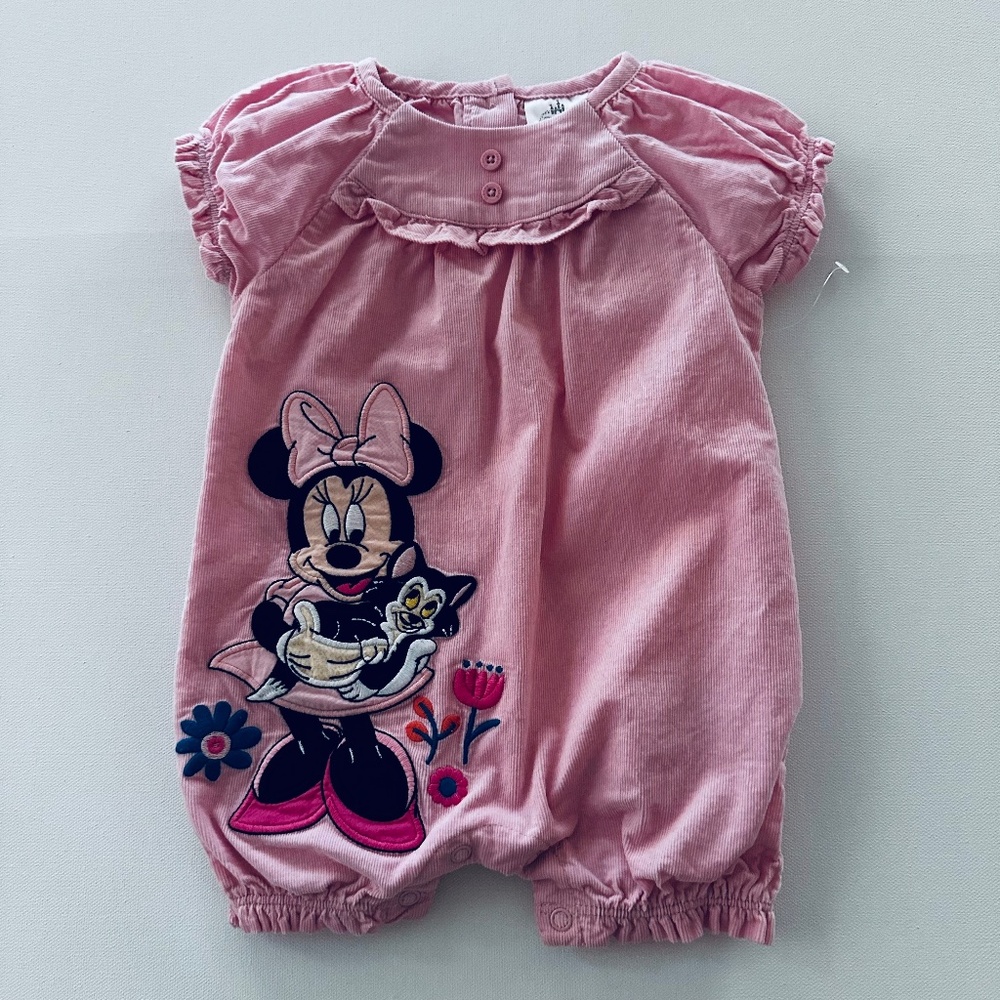 Disney 9-12 Months Baby Girl Minnie Mouse Pink Corduroy Romper Organic Cotton